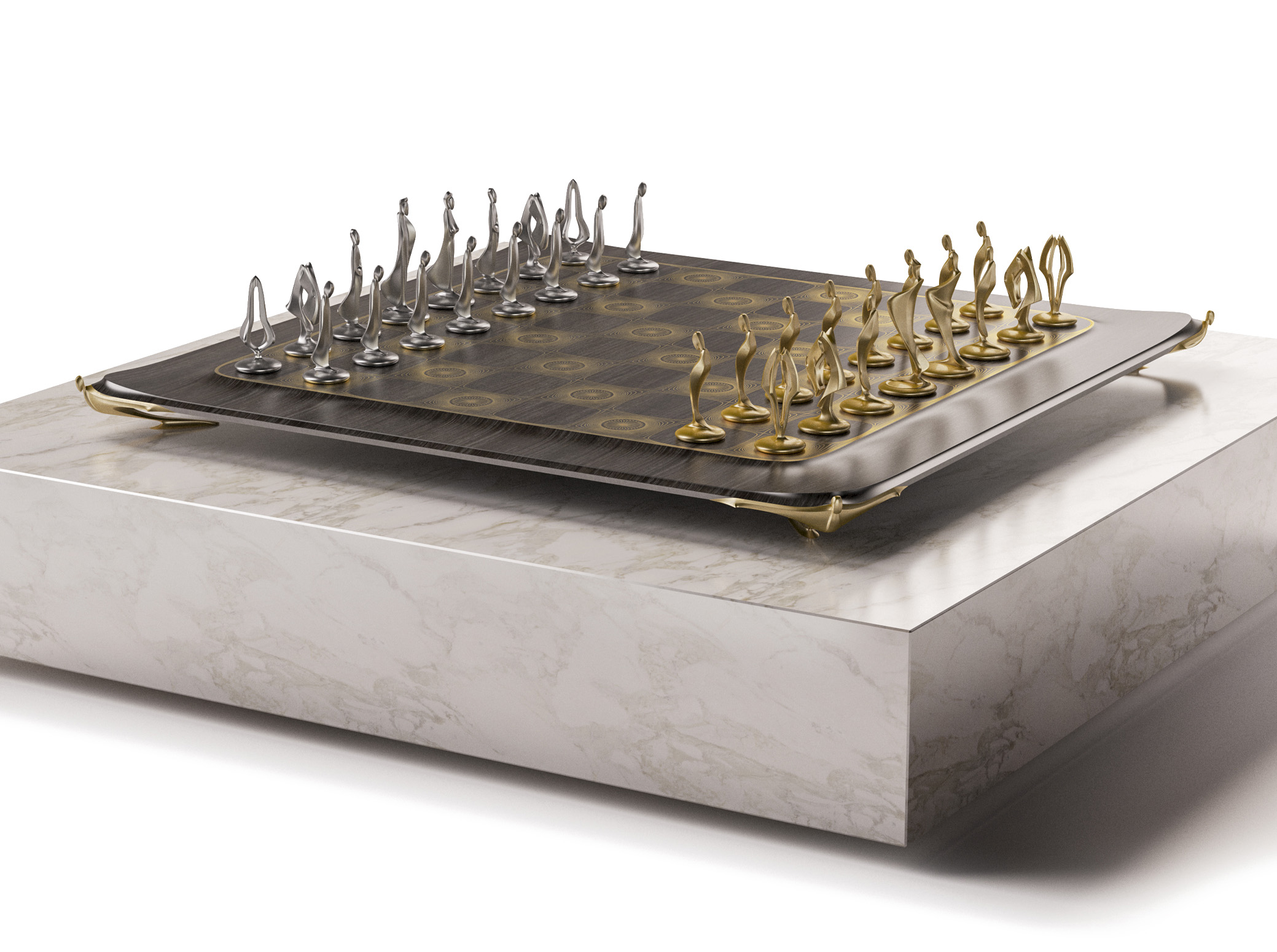 Chess Set — tablă pe soclu de marmură albă cu piese aurii și argintii