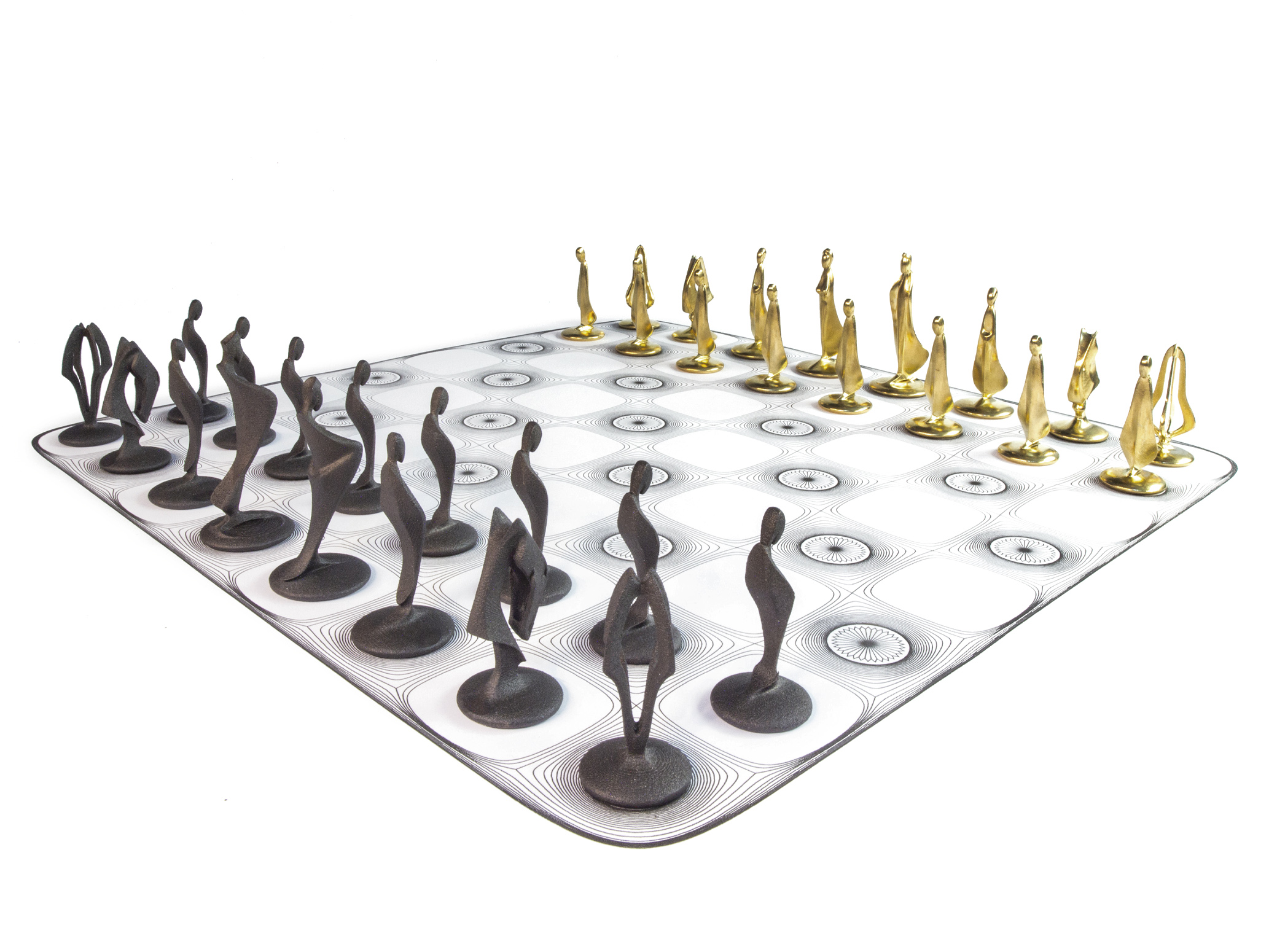 Chess Set — set complet piese 3D printate în alamă și oțel, unghi lateral stânga