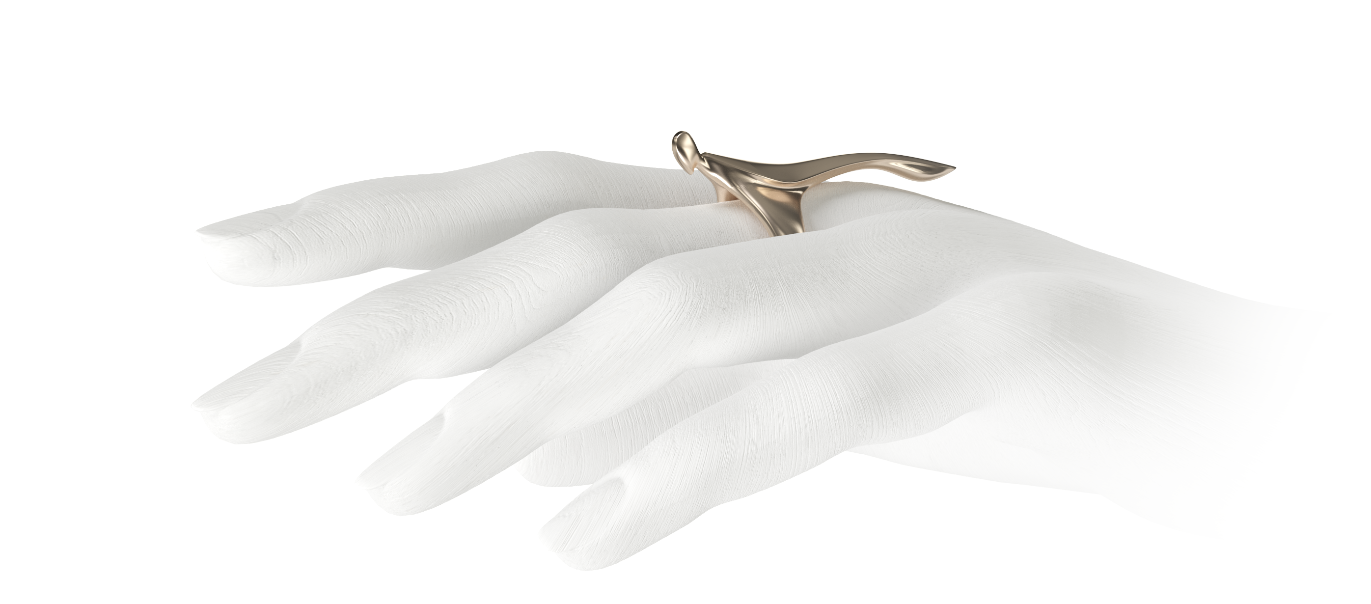 White sculptural hand wearing the Pandov golden ring